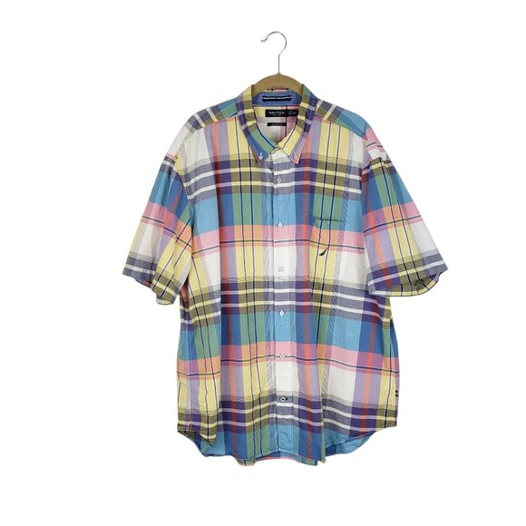 Nautica Classic Fit Short Sleeve Button Up Shirt Preppy Madras Plaid Mens XXL - Picture 1 of 7